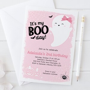 It’s My Boo Day Halloween Birthday Invitation Pink Ghost Birthday Invitation Girl First Birthday Editable Invitation | 820