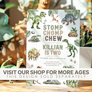 May include: A dinosaur-themed birthday party invitation with green, brown, and white watercolor illustrations of dinosaurs, leaves, and footprints. The text reads "Stomp, Chomp, and Chew Killian is Two" with the date and time of the party below.