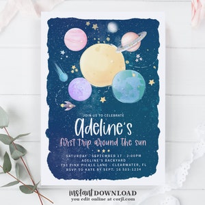 First Trip Around The Sun Birthday Invitation, Editable Outer Space Birthday Invitation, Space Invitation Download, Outerspace Birthday 796