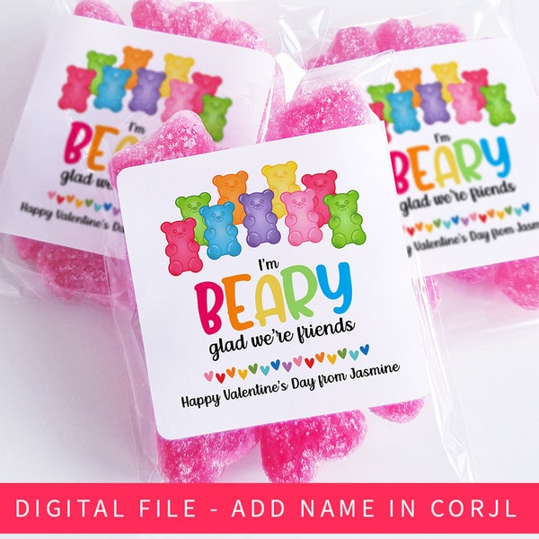 Printable Gummy Bear Valentines Day Tag, Beary Valentine Exchange, Candy Free Classroom Valentines for School Editable Digital Download