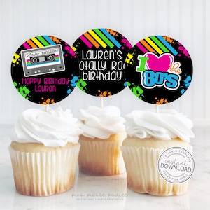 Editable 80s Party Cupcake Toppers, 80s Birthday Party, 80s Cupcake Topper, Printable Cupcake Toppers, Instant Download Editable 339