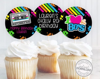 Editable 80s Party Cupcake Toppers, 80s Birthday Party, 80s Cupcake Topper, Printable Cupcake Toppers, Instant Download Editable 339