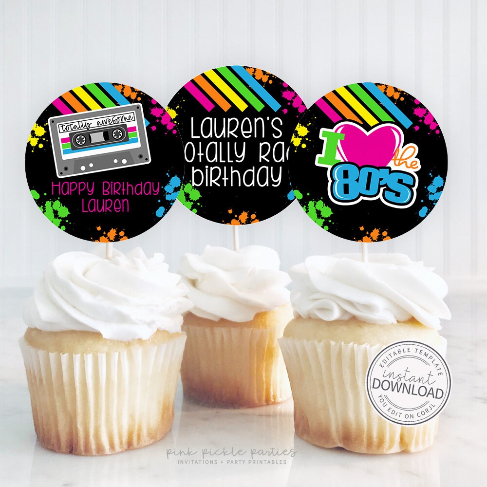 Editable 80s Party Cupcake Toppers, 80s Birthday Party, 80s Cupcake ...