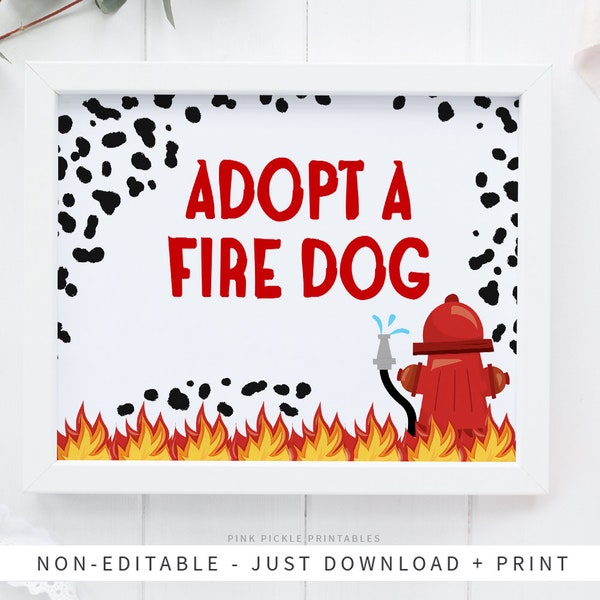 Adopt a Fire Dog Sign Firetruck Birthday Party, Fireman Party, Firefighter birthday, printable party decorations, instant download | 710