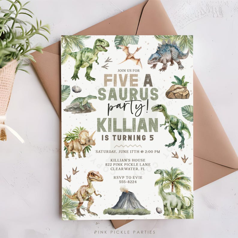 May include: A dinosaur-themed birthday party invitation with a green, brown, and white color scheme. The invitation features a variety of dinosaurs, including a Tyrannosaurus Rex, a Triceratops, and a Stegosaurus. The text on the invitation reads "Join us for a Five-a-Saurus party! Killian is turning 5." The invitation also includes the date, time, and location of the party.
