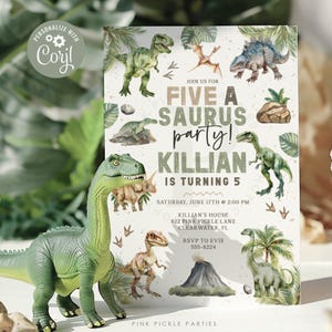 May include: A green dinosaur party invitation with a green and brown dinosaur illustration. The invitation says "Join us for Five a Saurus Party! Killian is turning 5" and includes the date, time, and location of the party.