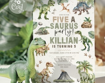 Zaproszenie na urodziny dinozaura, zaproszenie dinozaura, impreza dinozaura, Five A Saurus, zaproszenie na 5. urodziny, edytowalne zaproszenie, motyw dinozaura 822