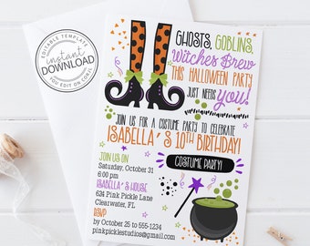 Witch Invitation, Halloween Birthday Invitation, Halloween Party, Witch Birthday Party Invitation,Instant Download Editable Invitation | 623