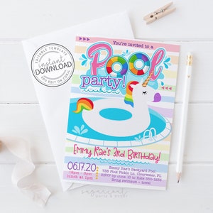 Unicorn Pool Party Invitation, Editable Unicorn Pool Birthday Invitation, Unicorn Pool Party, Unicorn Pool Float, Summer Pool Party | 735