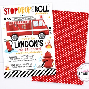 K&ouml;nnte beinhalten: Eine rote und wei&szlig;e Geburtstagseinladung mit einem Cartoon-Feuerwehrauto, einem Hydranten und Flammen. Der Text lautet "Stop, Drop and Roll over to Landon's 6th Birthday!" mit Details zur Party, einschlie&szlig;lich Datum, Uhrzeit, Ort und RSVP-Informationen.