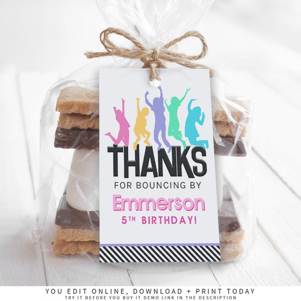 Trampoline Party Favor Tags, Jump Favor Tags, Bounce Party Favor Tags, Instant Download Editable and Printable Thank You Tags  | 719