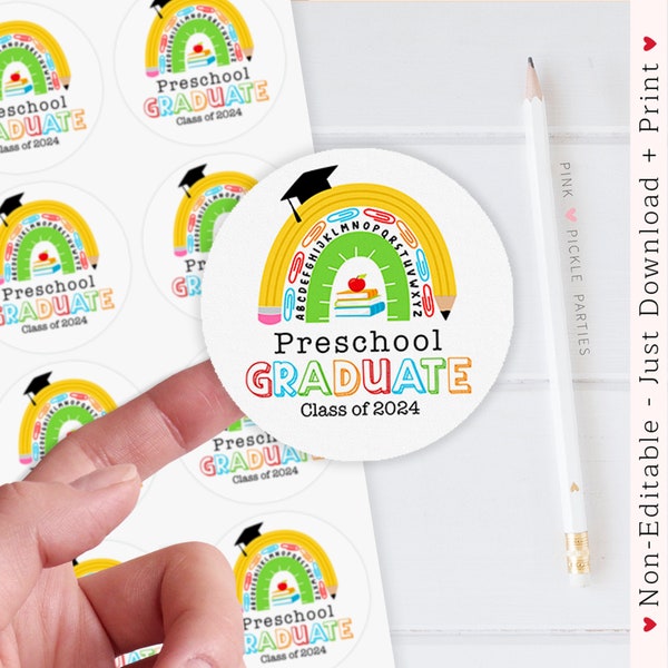 Printable Preschool Graduation Sticker, Graduation Favor Tags, Preschool Thank You Tag, Preschool Rainbow Graduation Sticker 794.3