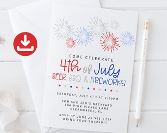 4th of July Invitation, Fourth of July Invite, BBQ Invite Fireworks Invitation Corjl Editable Invitation Template Mobile Phone Printable 806