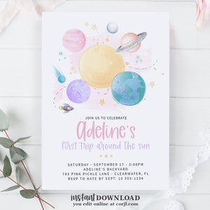Editable Outer Space Birthday Invitation, First Trip Around The Sun Birthday Invitation, Space Invitation Download, Outerspace Birthday 796