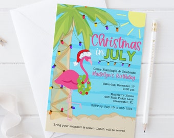 Christmas in July Invitation, Christmas Flamingo Invitation, Christmas in July, Summer Christmas, Instant Download | 493