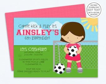 Soccer Invitation / Soccer Party / Soccer Birthday Invitation for Girls / Soccer Party Invitation / Instant Download - Edit with Adobe | 157
