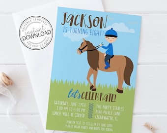 Horse Birthday Invitation, Horse Invitations, Horse Birthday Party, Equestrian Party, Instant Download Editable Invitation Template 625