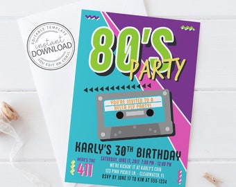 80s Invitation, 80s Birthday Party Invitation Template, Instant Download, Edit Invitation Online with Corjl | 646
