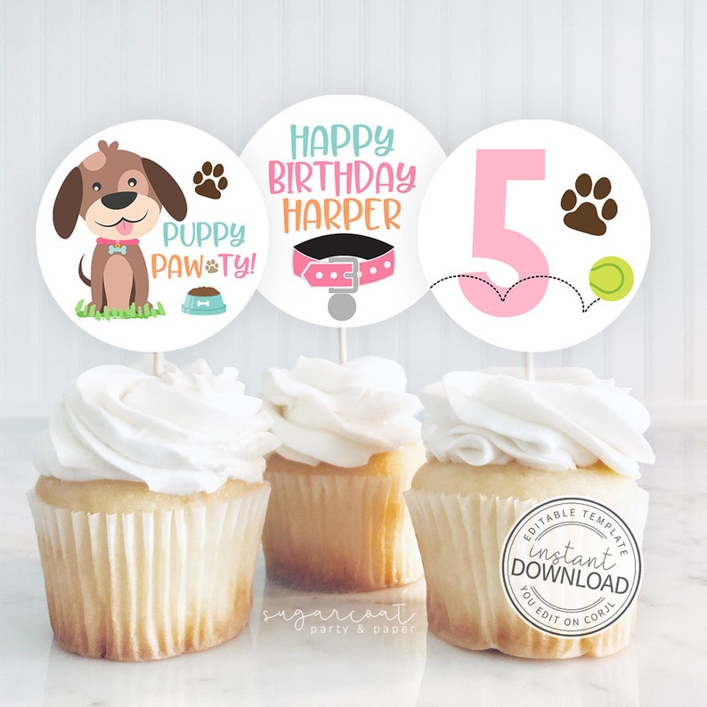 Editable Puppy Party Cupcake Toppers Puppy Pawty Birthday - Etsy