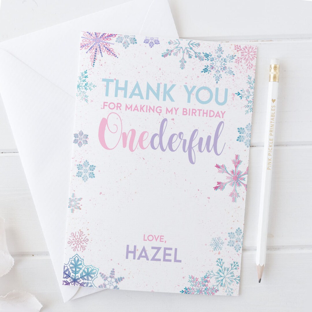 Winter Onederland Thank You Card, Girl 1st Birthday, Note Cards for ...