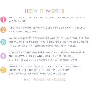 May include: A colorful infographic with five numbered steps explaining how to edit and print digital printables. The steps include: demo the editing, add to cart, download the file, log in to Corjl, and download the saved files. The text "HOW IT WORKS" is at the top of the infographic. The text "PINK PICKLE PRINTABLES" is at the bottom of the infographic.