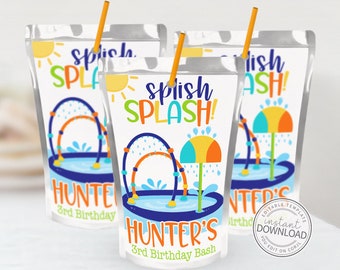 Editable Splash Pad Juice Labels, Spray Park Juice Label Template, Juice Pouch Capri Splash Pad Birthday Decorations Splish Splash Party 687