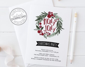 May include: A white Christmas party invitation with a wreath design and the words "HOLLY JOLLY" in red. The invitation includes details about the party, such as the date, time, and location. A pencil and clothespin are also visible.
