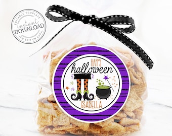 May include: A clear cellophane bag filled with snacks, tied with a black and white polka dot ribbon. The bag features a round purple and white Halloween sticker with the text "Happy Halloween" and a witch's legs, cauldron, and stars. The name "Isabella" is also on the sticker.