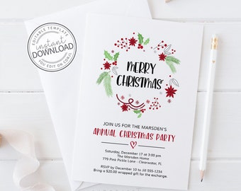 May include: A white Christmas party invitation with a wreath design and the words "Merry Christmas." The invitation includes details for the annual Christmas party, with a pencil and clothespin in the background.