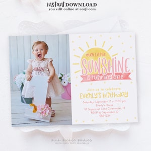 Editable Our Little Sunshine Birthday Invitation You Are My Sunshine First Birthday Invite Our Little Sunshine is One Photo Invitation 797