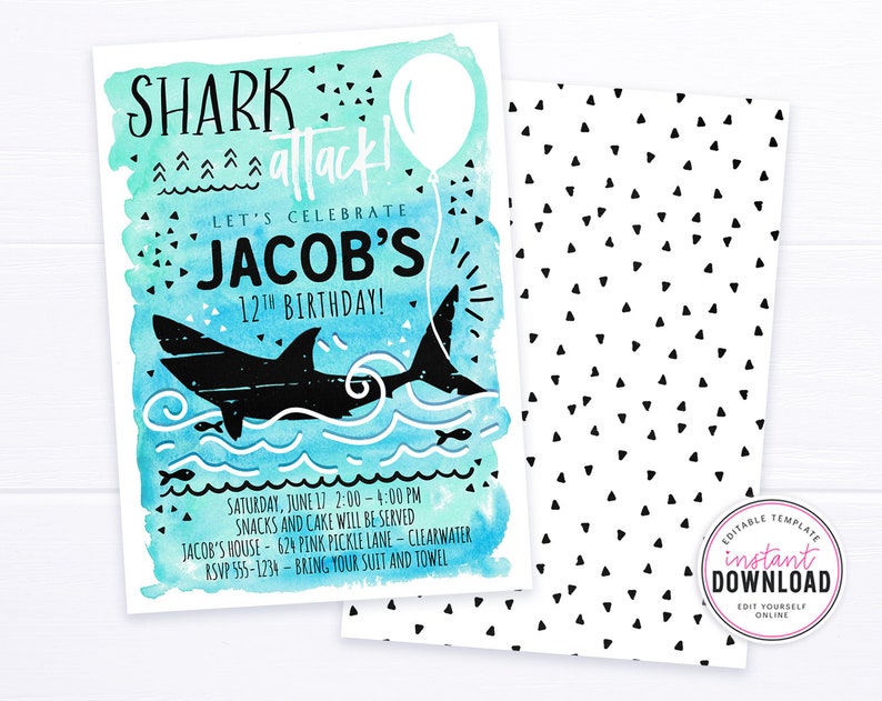 Shark Invitation, Shark Invite, Shark Party, Shark Birthday, Shark Birthday Invitation, Shark Party Invitations, Printable Invitation 624 image 2