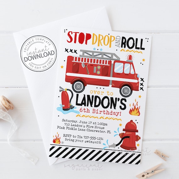 Fire Truck Birthday Invitation, Firetruck Invitation, Fireman Invitation, Fire Truck Invitation, Fire Truck Invite, Fire Engine | 710
