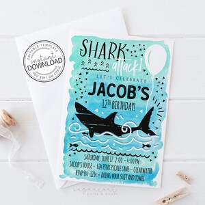 Shark Invitation, Shark Invite, Shark Party, Shark Birthday, Shark Birthday Invitation, Shark Party Invitations, Printable Invitation 624 image 1