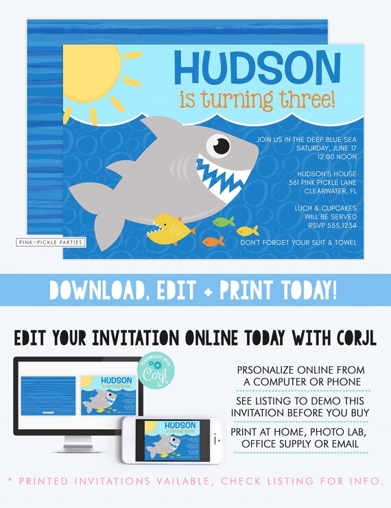 shark invitation shark invite shark party shark birthday etsy