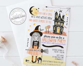Witch Invitation, Halloween Birthday Invitation, Halloween Party, Witch Birthday Party Invitation, Instant Download Editable Invitation 315