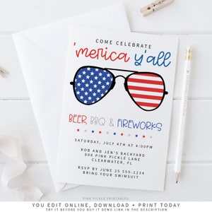 Convite Merica de 4 de julho, Convite de 4 de julho, Convite de 4 de julho, Modelo de convite editável Corjl para celular para impressão 808