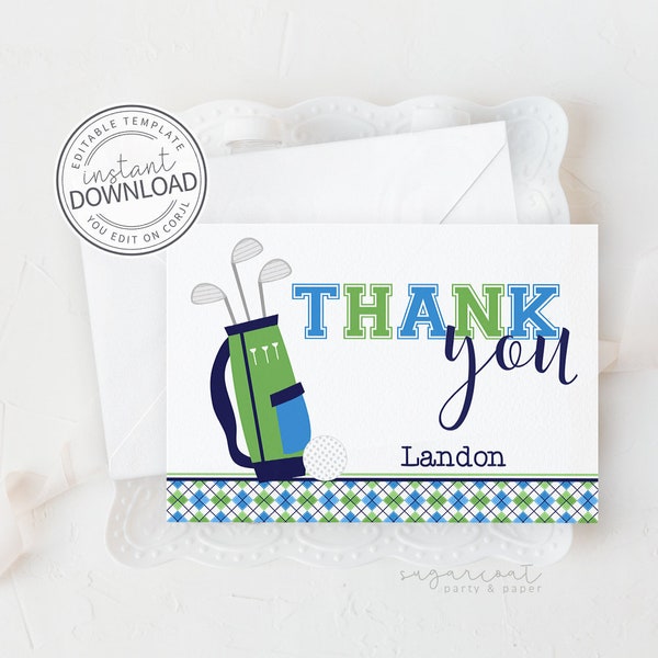 Golf Note Cards, Golf Thank You Card, Golfing Thank You Card, Golf Birthday Party Printable, Instant Download, Editable Template | 475