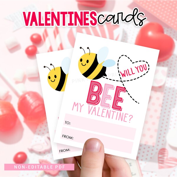 Bee My Valentine Valentine's Day Cards For Kids. Bee Mine Classroom Valentines Exchange Card | Printable DIY Digital Instant Download