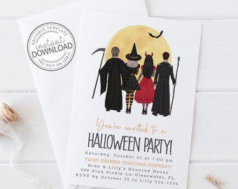 May include: Halloween party invitation with a watercolor illustration of costumed figures in front of a full moon. The invitation includes the text "You're invited to a Halloween Party!" and event details.