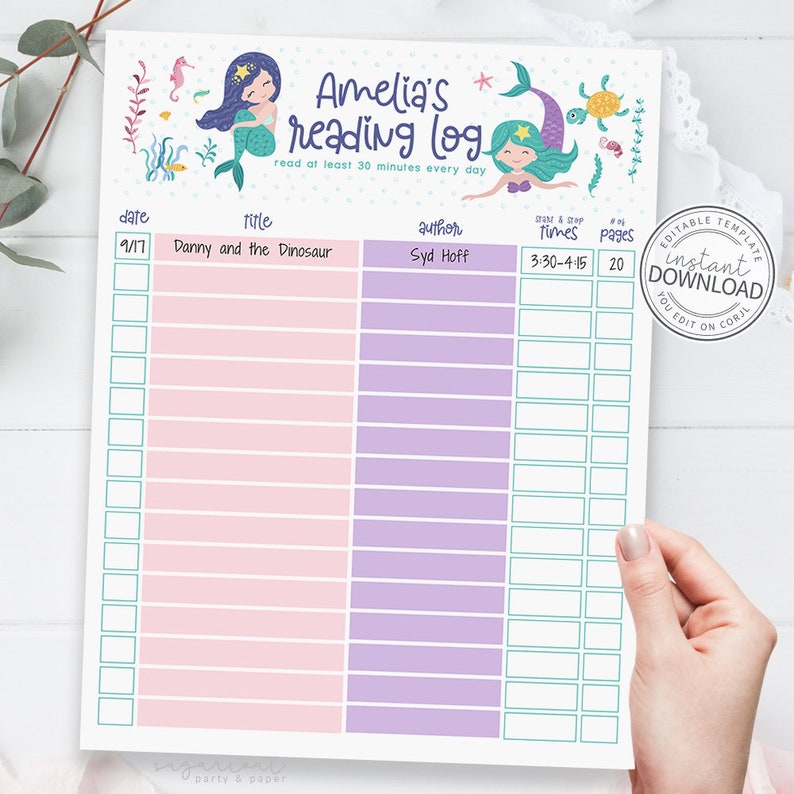 Kids Reading Log, Editable Reading Log, Book Tracker, Reading Log, Reading Tracker, Summer Reading Log, Reading List, Reading Chart, Mermaid image 1