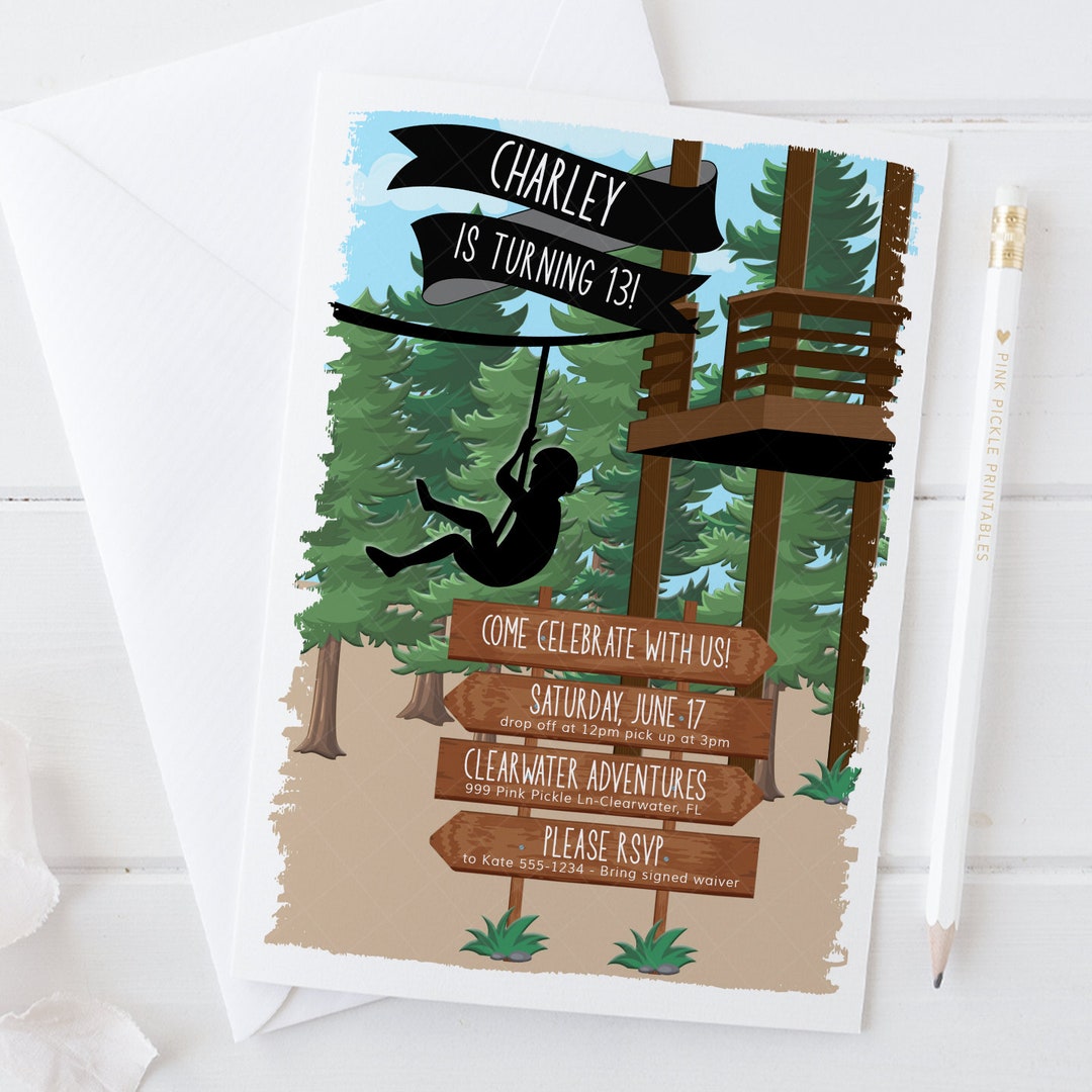 Zipline Invitation, Zipline Birthday Party, Zipline Birthday, Zipline