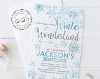 Winter Wonderland Invitation, Winter Invitations, Blue Snowflake, Winter Birthday, Winter Wonderland, Boy Birthday, Instant Download | 101