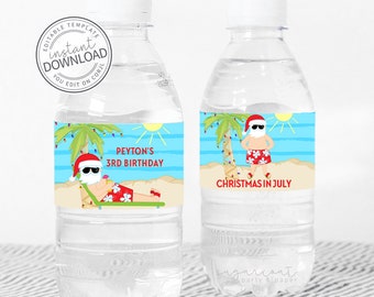 Christmas in July Water Bottle Labels, Printable Water Bottle Wrapper, printable party decorations, instant download editable template | 629