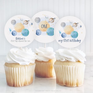 Outer Space Birthday Cupcake Topper Download, First Trip Around the Sun Birthday, Space Birthday Party Editable Cupcake Topper Printable 796