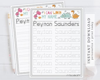 Custom Personalized Name Tracing Worksheets. Lettering Worksheets for Preschool Curriculum. Montessori, Kindergarten, Printable Dinosaur