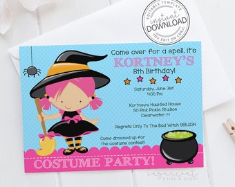 Może przedstawiać: Zaproszenie na przyjęcie urodzinowe o tematyce Halloween z ilustracją kreskówkowej czarownicy. Zaproszenie zawiera czarny kapelusz czarownicy, różowe włosy i tekst "COSTUME PARTY!" na jasnoniebieskim tle. Zawiera tekst "KORTNEY'S 8th Birthday!"