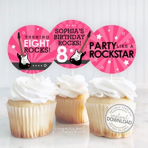 Rockstar Cupcake Toppers, Rock Star Cupcake Toppers, Rockstar Birthday, Pink Rock Star Party, Instant Download, Girls Birthday | 295