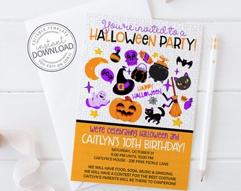 May include: A Halloween party invitation with a white envelope. The invitation features a pumpkin, witch hat, and other Halloween-themed graphics. Text on the invitation reads "You're invited to a Halloween Party!" and "Caitlyn's 10th Birthday!"