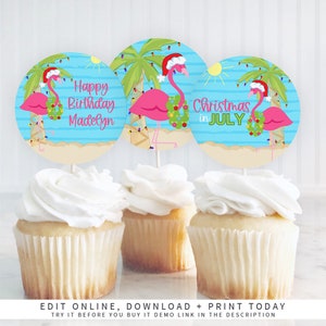 Editable Christmas in July Cupcake Toppers, Flamingo Christmas in July, Summer Christmas, Printable Cupcake Toppers, Instant Download 493