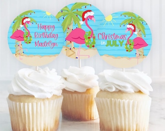 Editable Christmas in July Cupcake Toppers, Flamingo Christmas in July, Summer Christmas, Printable Cupcake Toppers, Instant Download 493